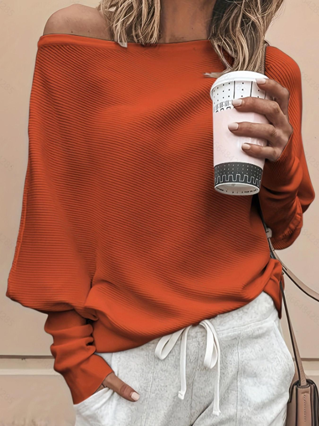 Women's Plain Asymmetrical Hem Boat Neck Batwing Sleeve Sweater, Casual Long Sleeve Jumper for Spring & Fall, Women's Knitwear for Daily Wear