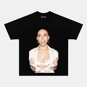Retro Madison Beer Pop Singer Playful Tongue Pose White Outfit Bust Portrait Full Front Graphic Vintage Black Oversized Heavyweight Cotton Streetwear T-Shirt, Unisex Top, Ideal Gift for Madison Beer Pop Music Fans