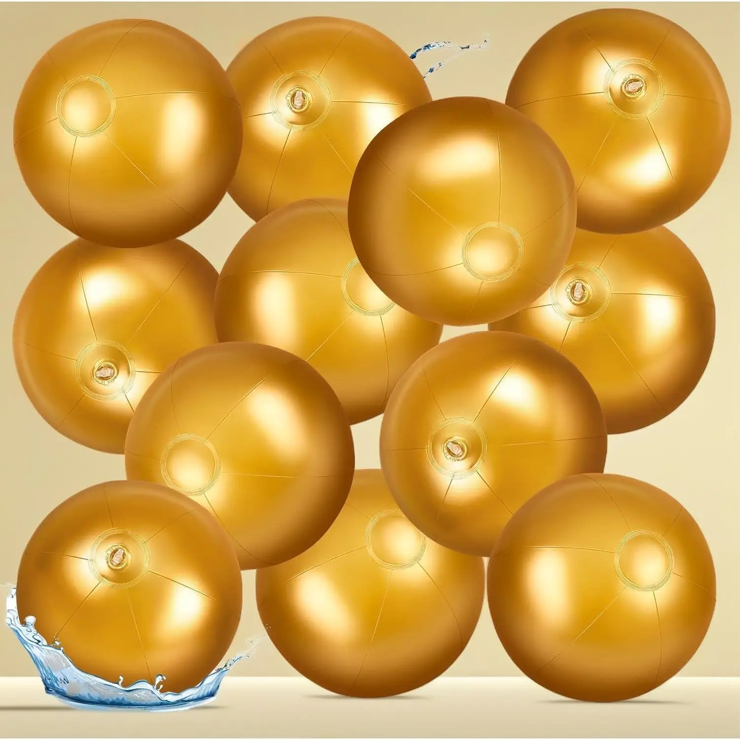 Bulk 8 Inch Solid Gold Inflatable Beach Balls 12 Pack, Golden Blow Up Pool Balls for Summer Party Decor, Beach & Swimming Pool Games