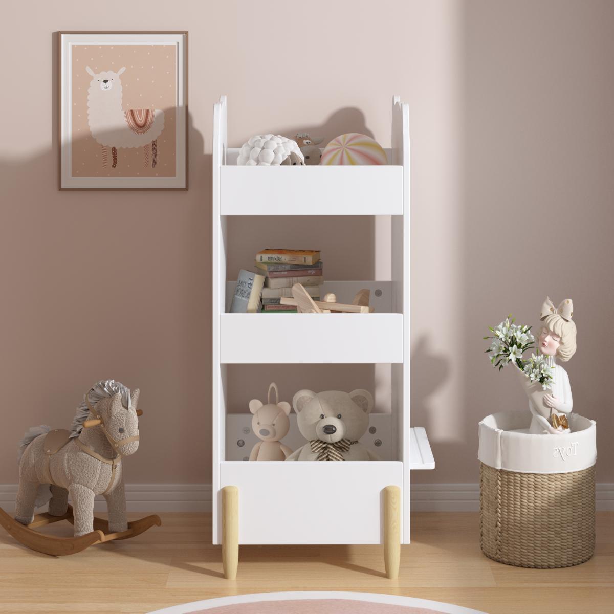 Kids Bookshelf with Chalkboard Side – Bear-Shaped Wooden Bookcase with 3-Tier Storage, Drawing Board for Toddlers, Toy and Book Organizer for Playroom or Bedroom – White