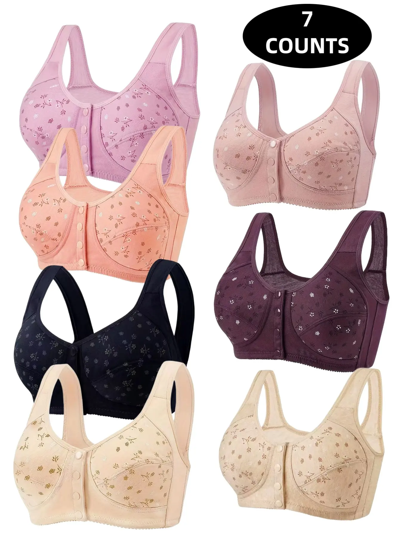 7-Pack Women's Wireless Front Buckle Bralettes, Seamless Comfort Fit, Full Coverage, Breathable Soft Fabric, All-Season Support