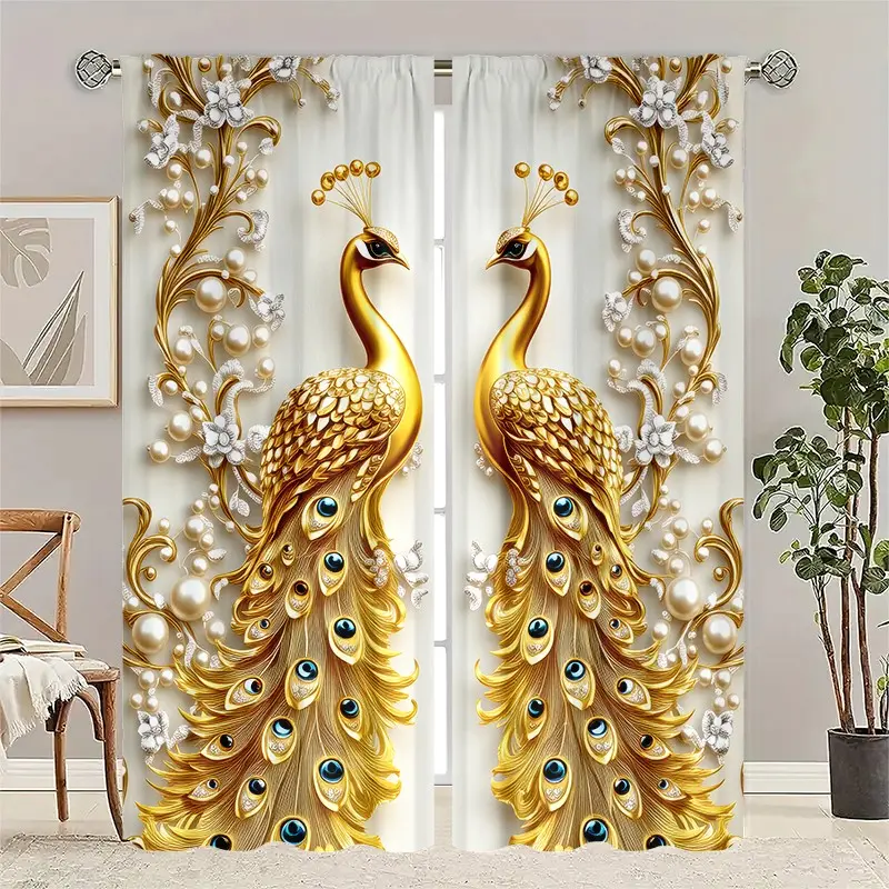 2 pieces are installed using pocket rod method. These are digital luxury gold peacock pearl printed curtains, Peacock Pattern Curtains, suitable for living room, closet, bedroom, study, dining room and home decoration.