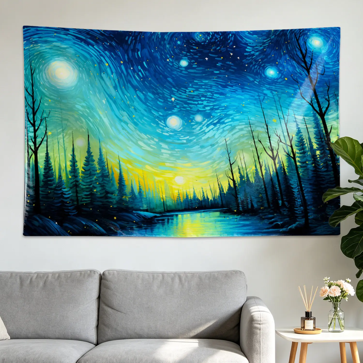 Starry Night Forest Landscape Wall Tapestry - Large Printed Horizontal Polyester Decor Artwork, Multi-Size, No-Installation Decoration with Pegs, Indoor Outdoors Room Decorations for Living Room, Family Gift, Impressionism Tapestries