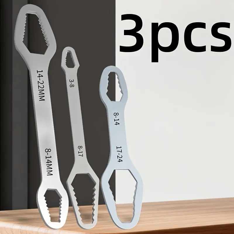3-Piece Heavy-Duty Double-Head Wrench Set - Multi-Functional Double-Head Open-End Wrench with Self-Tightening Crescent Wrench, Box End Wrench, French Adjustable Wrench, and Screwdriver Bits - High Hardness Steel Short Handle Set