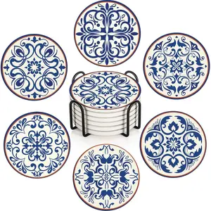 Coaster for Drinks Set of 6, Blue Vintage Spanish Ceramic Floral Absorbent Round Ceramic Stone Mat, with Cork Base and Metal Holder, Gift for Housewarming Room Bar Decor