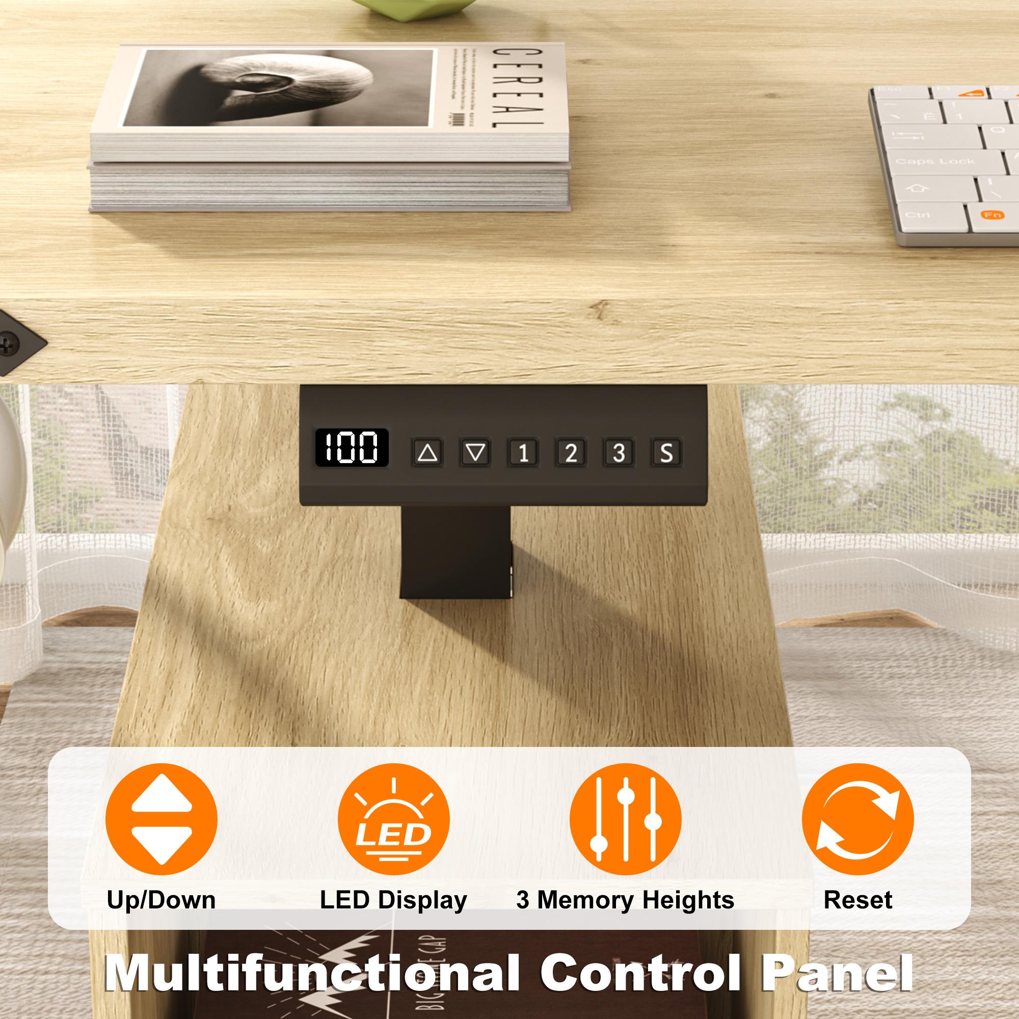 63" L-Shaped Electric Standing Desk, Executive Standing Desk with File Cabinet, Height Adjustable Sit Stand Desk with Storage Shelves & Drawers, Corner Computer Desk with Power Outlet, Brown/Light Oak