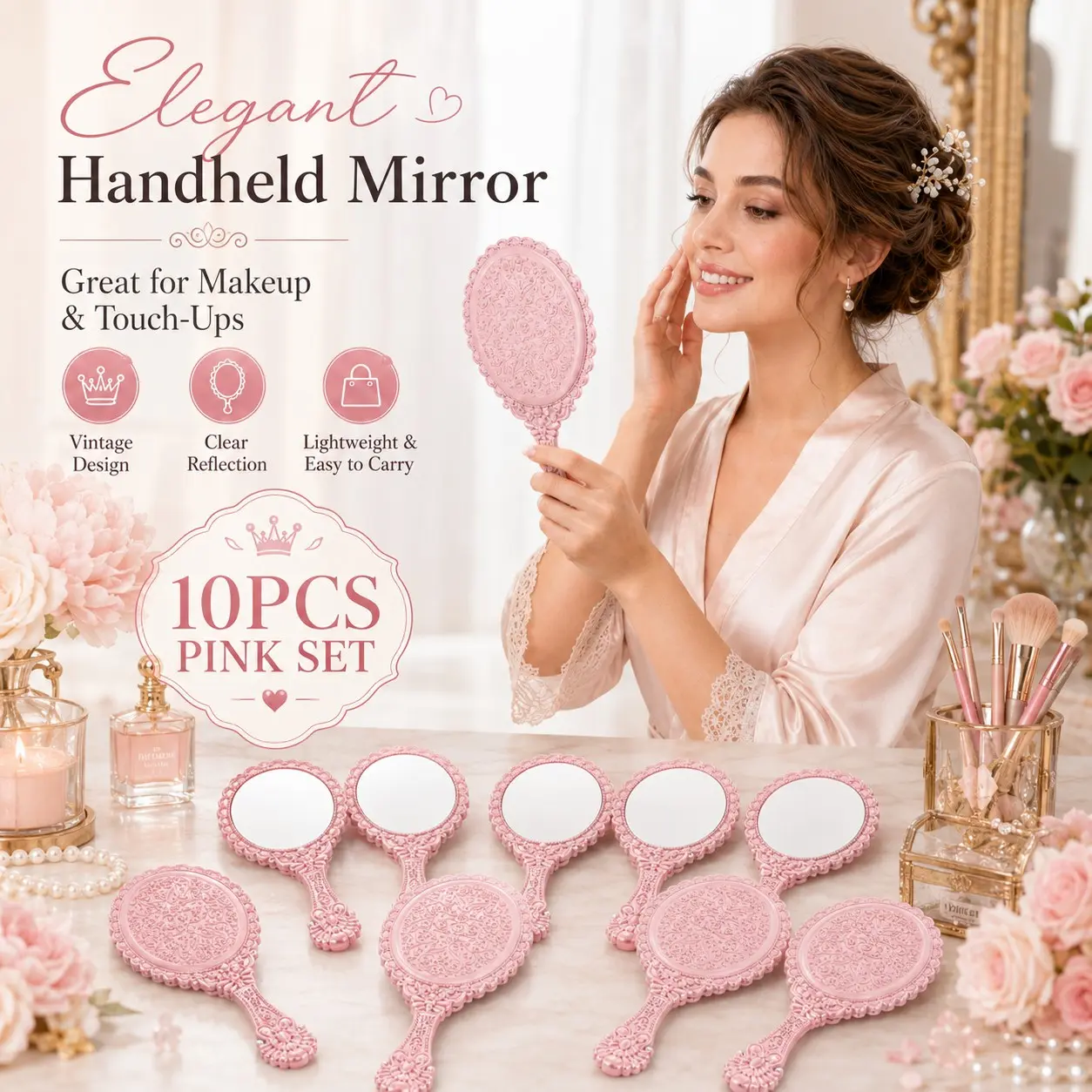 10 Pack Vintage Floral Lace Hand Held Mirrors, Ornate Embossed Decorative Handheld Compact Mirror, Wedding Bridesmaid Gift Favors