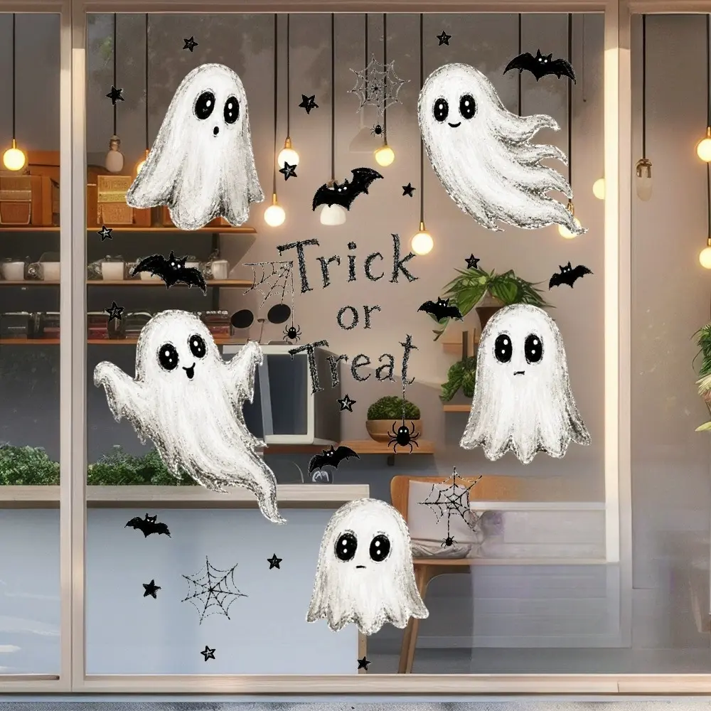 1PC Halloween Hand-painted White Cute Ghost Window Sticker, Adhesive Free Reusable Static Sticker, Graffiti Style Ghost Bat Spider Web Pattern Window Sticker, Coffee Shop Holiday Decoration Glass Sticker, Home Decoration