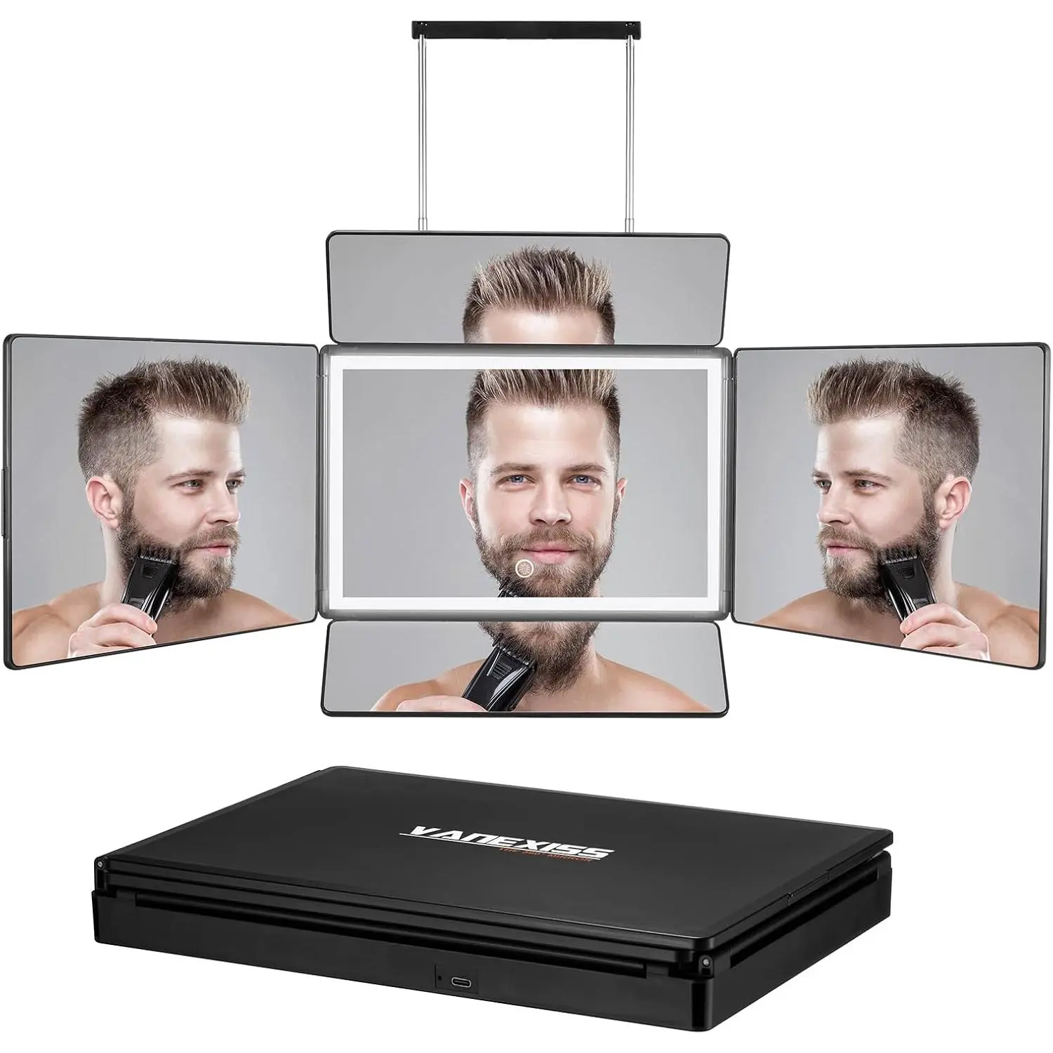 5 Way Mirror,Barber Mirror for Self Hair  and Brading Hair | Rechargeable Trifold Mirror with Light & Adjustable Telescoping Hooks for Makeup & Styling
