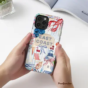 East Coast Watercolor Beach Lobster Shell Nautical Pattern, Dual-Layer Protective Case - Durable, Shock-Absorbing, for iPhone 11, 12, 13, 14, 15, 16, 17 Pro Max, Pro, Plus Series. Fashionable and Creative for iPhone16e
