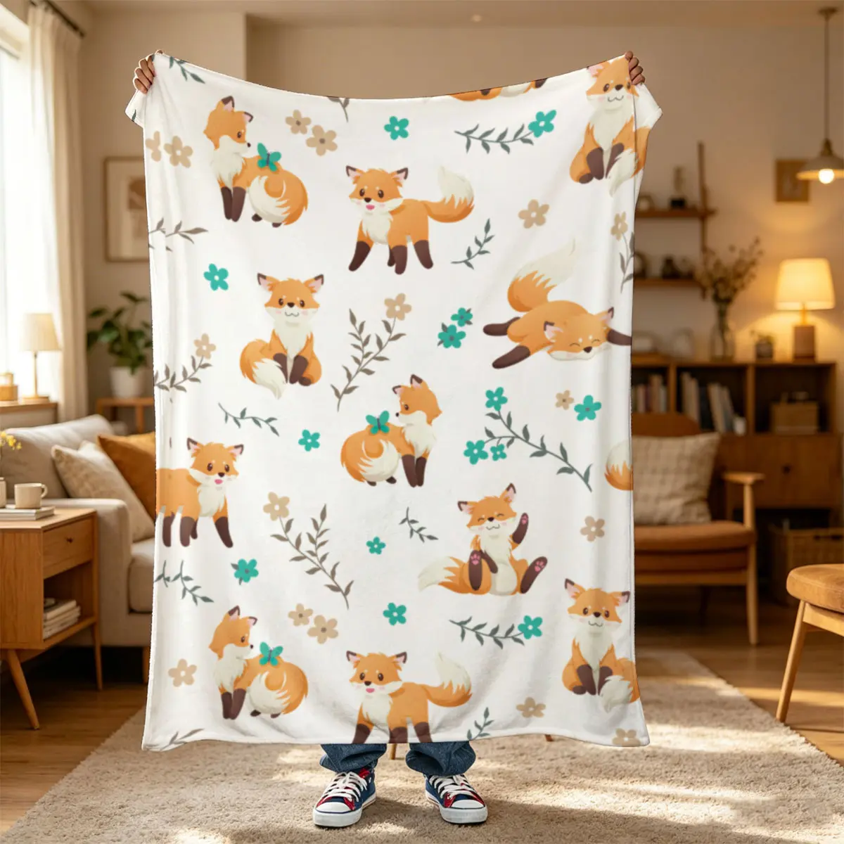 One PC Short Plush Flannel Blanket,Flower and Little Fox Pattern,Smooth flannel blanket, light warm, anti-pilling lint-free. Throw for living room, bay window, holiday gift, daily pet blanket