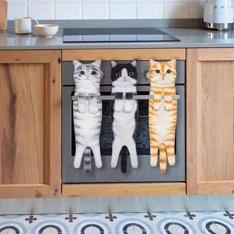Funny Cat Hand Towels Kitchen Bathroom Hand Towel Quick Dry Soft Absorbent Microfiber Cat Shape Wipe Hands Towel For Cat Lovers