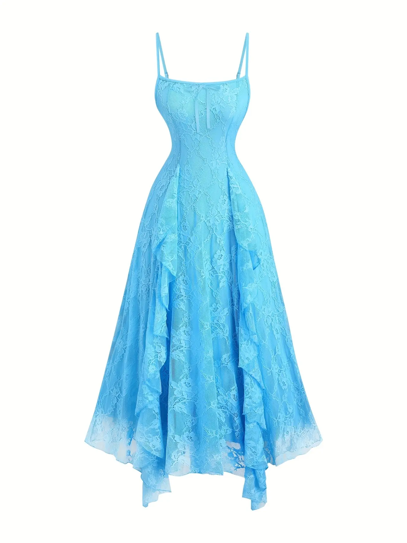 Elegant Women's Lace Ruffled Strap Dress with Bow Detail, Long Party Dress for Special Occasions, Stylish and Comfortable Evening Wear