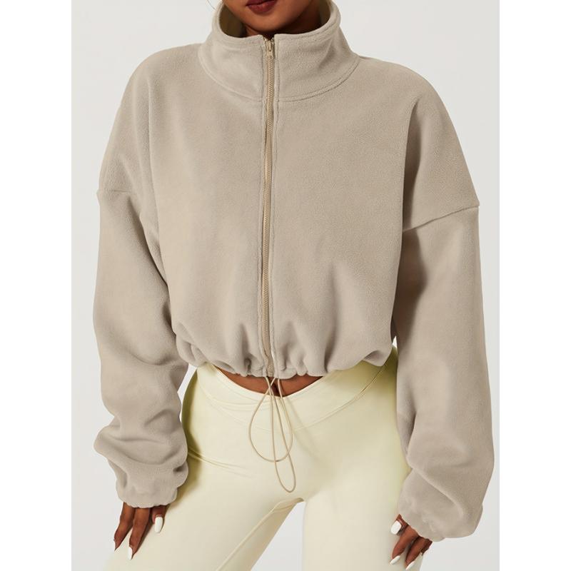 Women's Warm Fleece Crop Jacket With Zipper And Drawstring - Perfect For Casual Sports And Outdoor Activities