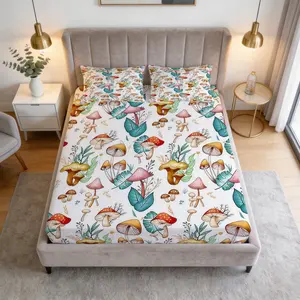 Mushroom Print Pattern Bed Sheet Set, 1 Bed Sheet With 2 Pillowcases, Natural Feng Shui Color Mushroom Pattern Bedding, Suitable For Decorating Bedrooms And Gifts For Teenagers And Adults