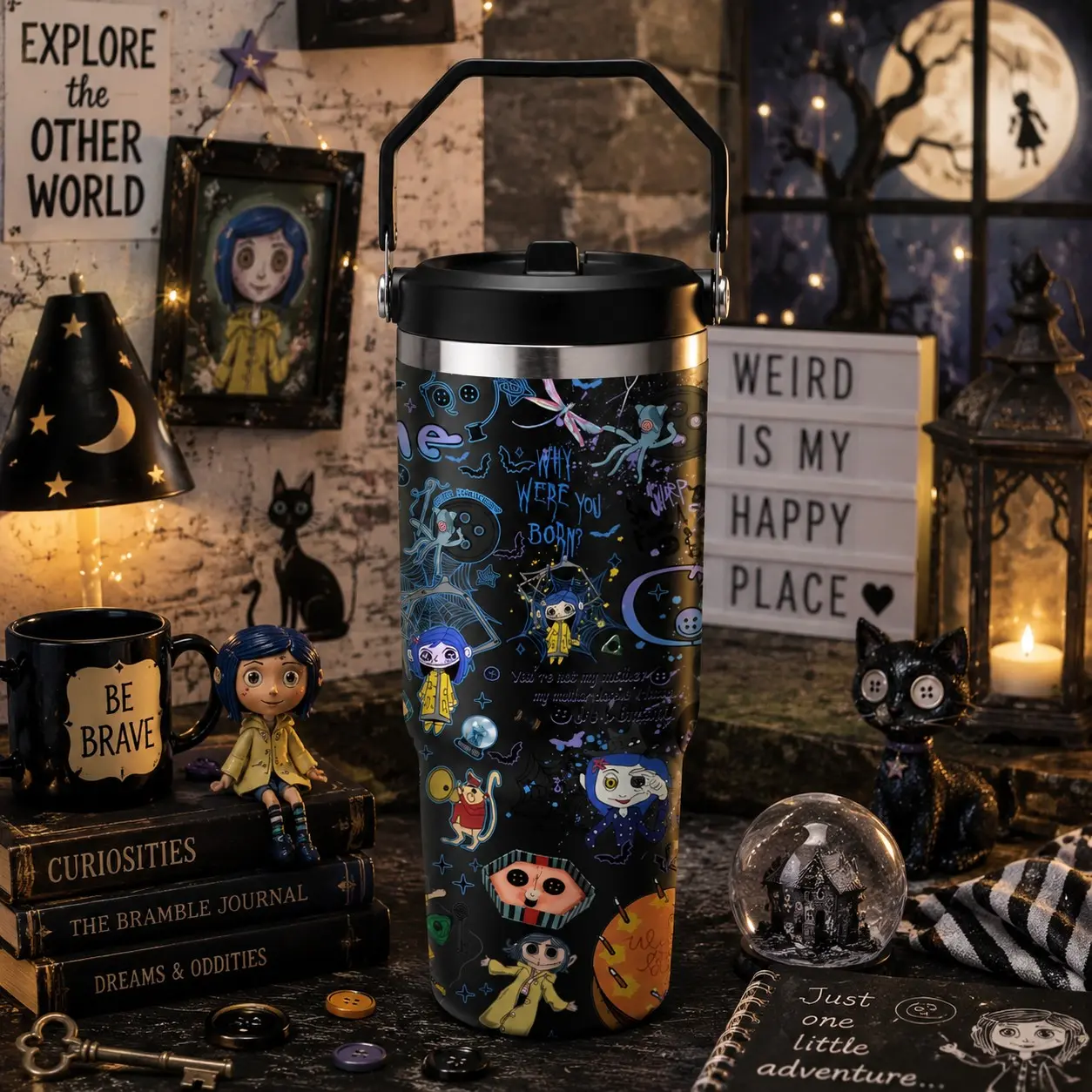 1pc 30oz Stainless Steel Tumbler with Lid and Straw, Coraline Dark Fantasy Cartoon Style, Vacuum Insulated Thermal Cup, Keep Hot 12H / Cold 24H, Creepy Cute Travel Mug for Movie Fans, Unique Gift for Horror Aesthetic Lovers and Animation Enthusiasts