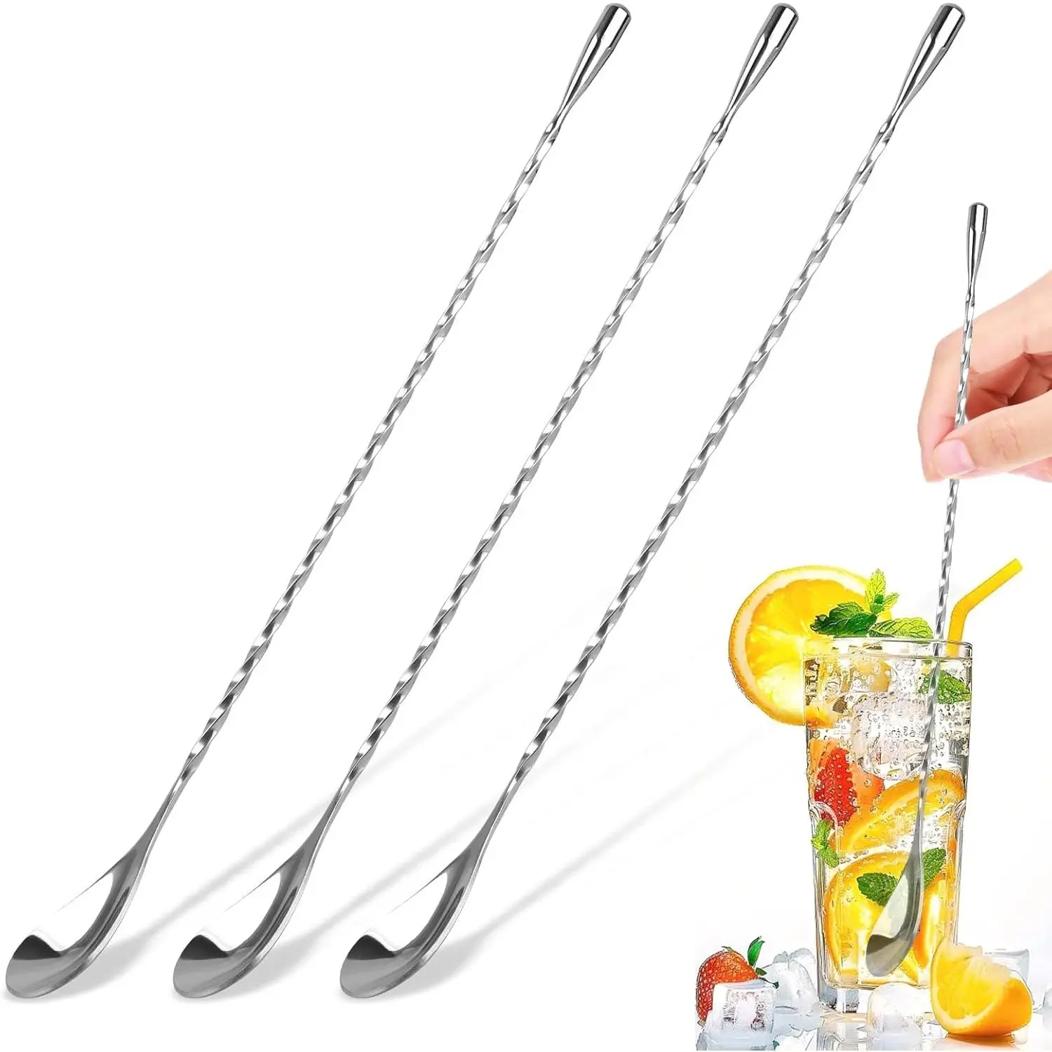 3 PCS 12 Inch Bar Spoon, Stirring Spoons, Cocktail Spoon, Drink Stirrer, Mixing Spoon Spiral Pattern Stainless Steel Cocktail Stirrers for Home or Bar Cocktail, Coffee, Ice Cream, Sundae (Silver)