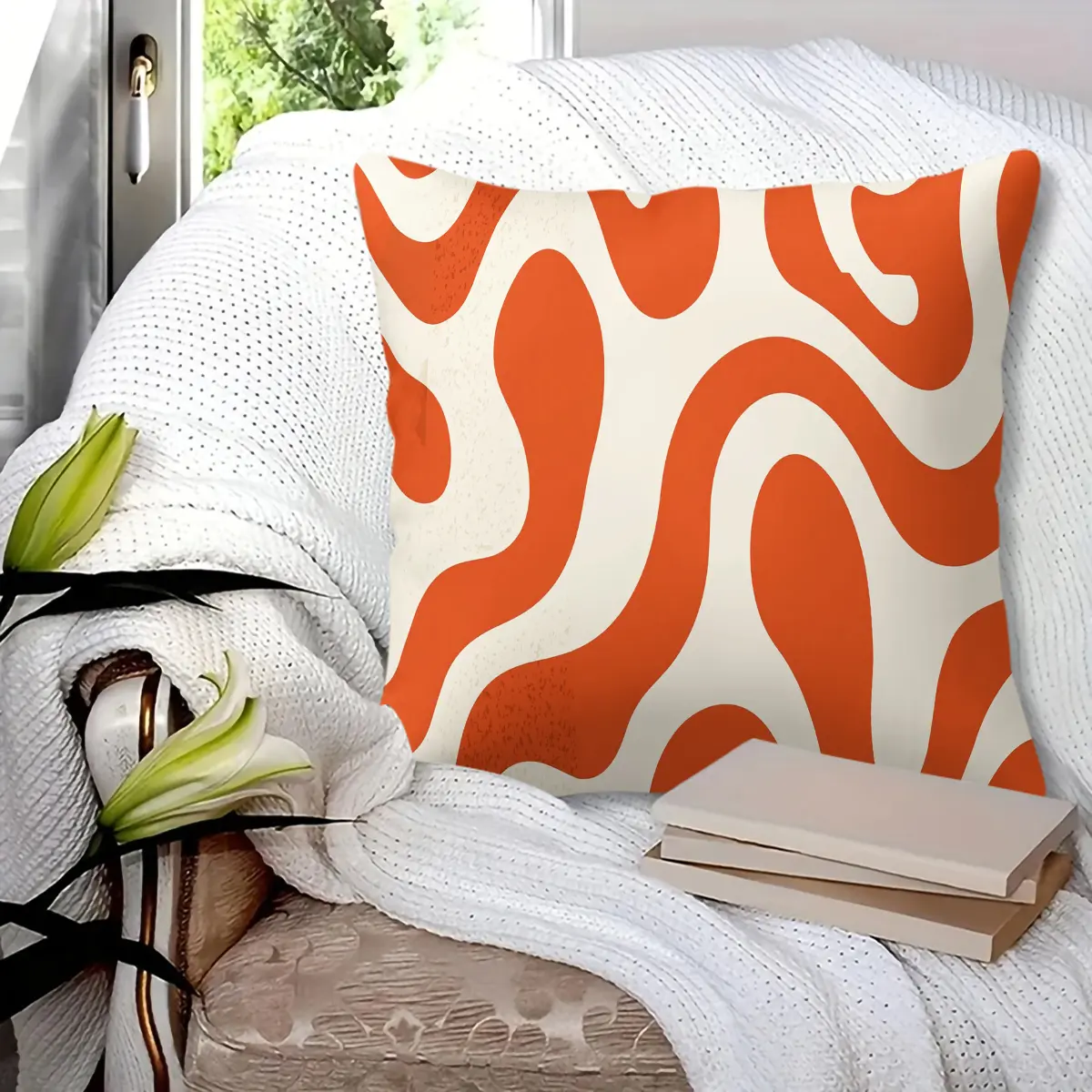 45x45cm 1Pc Retro Groovy Orange Wavy Print Throw Pillow, Soft Fluffy Durable Decorative Cushion, Perfect for sofa, bed, living room and bedroom decor, ideal small holiday gift that adds warm cozy vibe to your home space