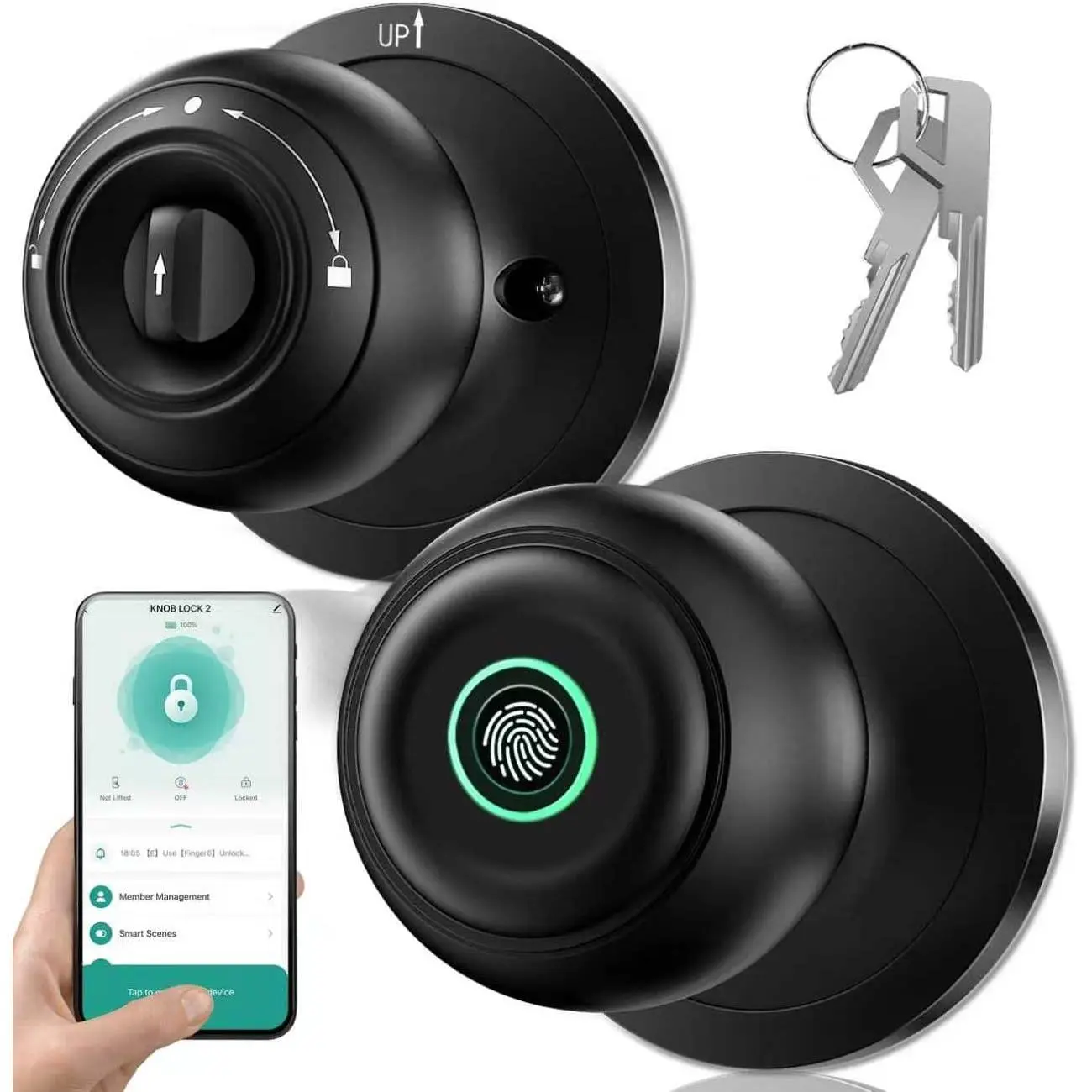 Fingerprint Door Lock,  Fingerprint Door Knob with Lock, Biometric Door Locks with App Control & Key, Keyless Thumbprint Entry Door Locks for Bedroom, Front Door, , Apartment-Stain Black