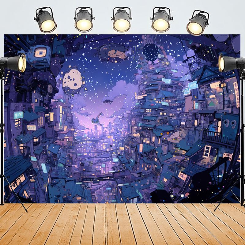 Starry Night Anime Town Tapestry - Polyester Wall Hanging for Bedroom & Living Room Decor, Includes Free Accessories