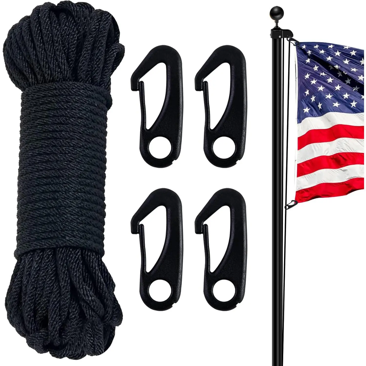 Flag Pole Rope Kit - 50  x 1/4" Diameter, Flagpole Nylon Halyard with 4 count Nylon Hook Clips - Outdoor Flagpole Accessories, Rope for Clothesline, Swing, Camping (Black)
