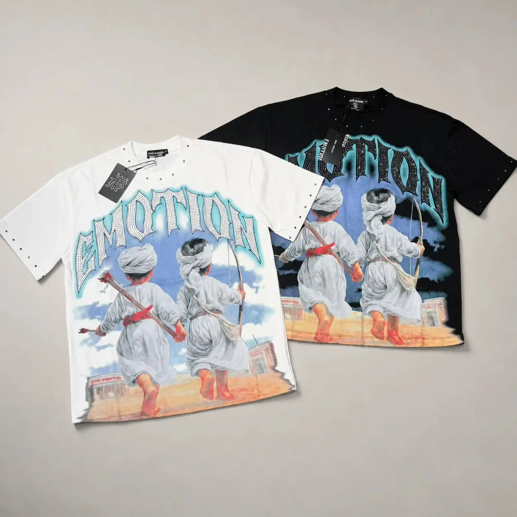 MIXED EMOTION Rhinestone Heavyweight Washed T-Shirt 100% Cotton Loose Oversized Boxy Y2K Hip Hop Crew Neck Baggy Graphic Diamond Tee Summer Casual Streetwear for Men Women