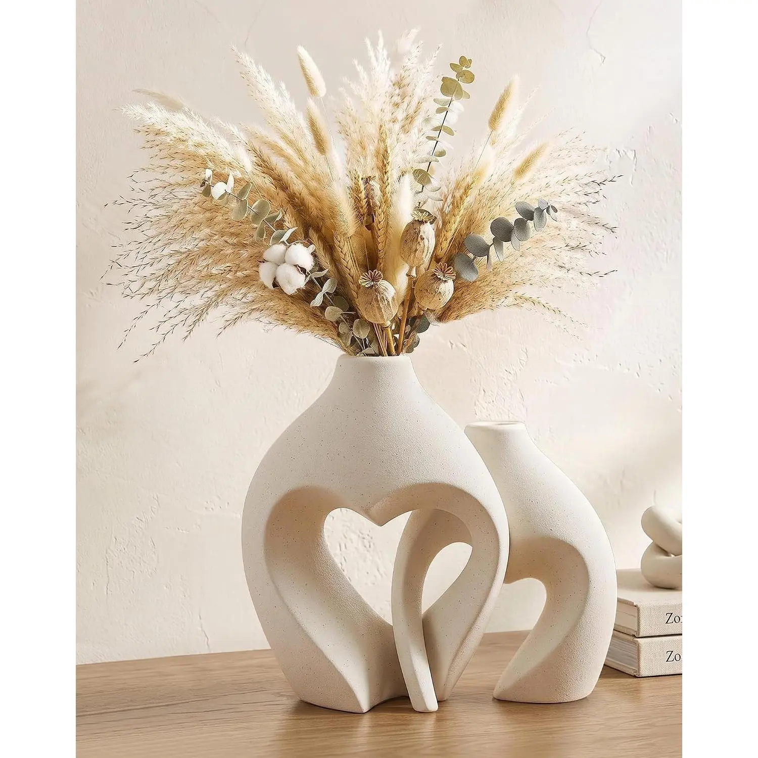 White Ceramic Heart Shaped Flower Vase Set of 2, Boho Minimalist Decorative Vases for Home Table Decor, Coffee Table Centerpiece, Wedding, Dining Living Room, Office House Decoration