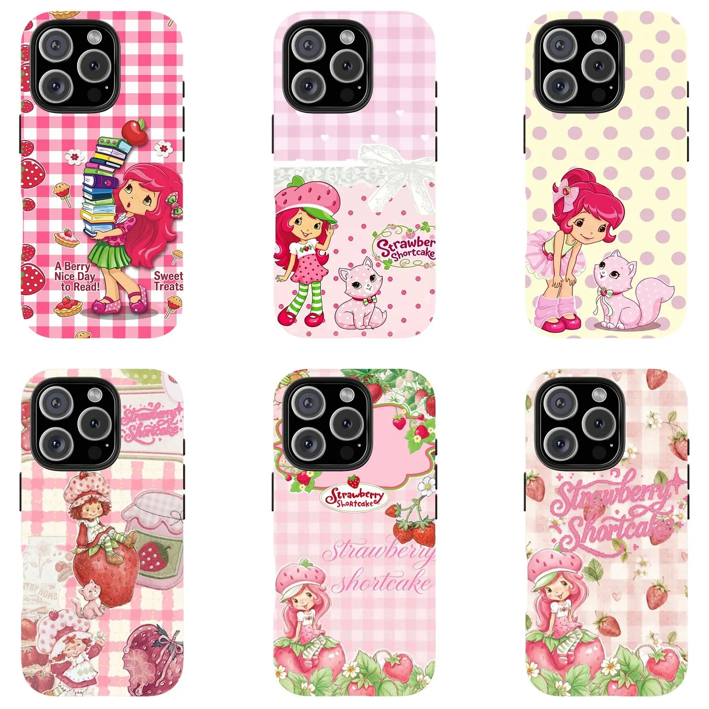 Strawberry Shortcake Cartoon Phone Case for iPhone Series - Vintage Pink Grid, Polka Dot Protective Cover with Camera Cutouts, Ideal for Cartoon Fans