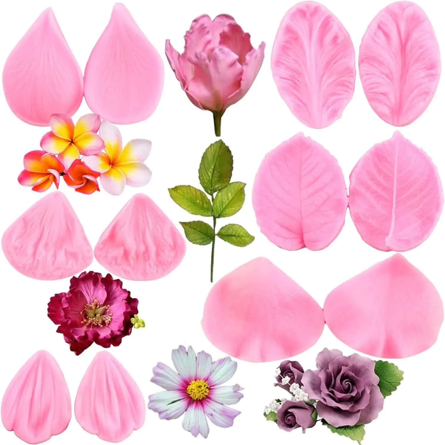 Flower Silicone Veining Mold Rose Veined Fondant Molds Set Of 6 | Gum Paste Peony Flower Mold Plumeria Daisy Orchid Molds Wedding Cake Decorating Cupcake Topper Candy Chocolate Polymer Clay