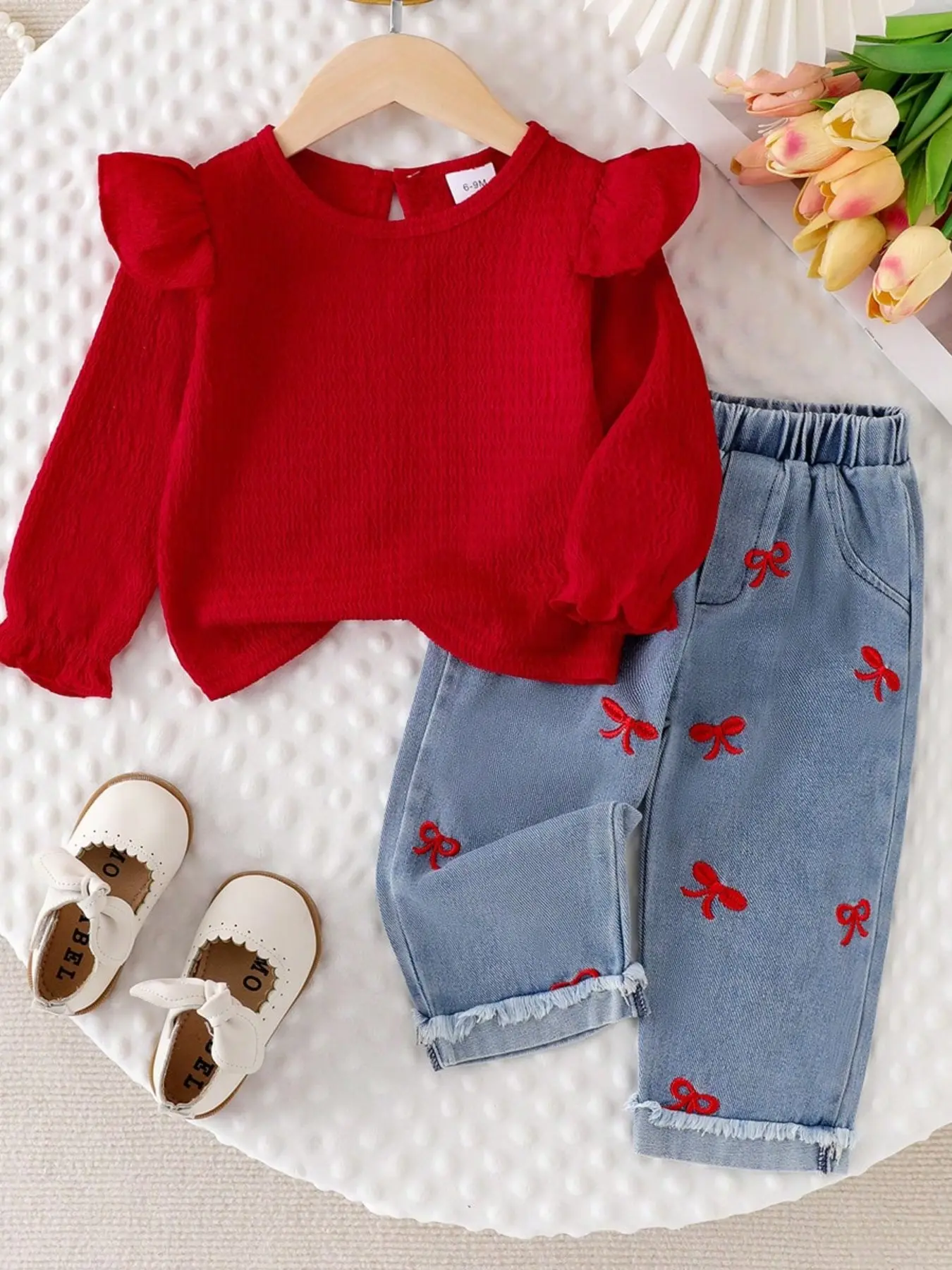 Baby Girl 2-Piece Set, Spring & Fall Casual, Long Sleeve Top with Bow Design, Loose-Fit Jeans Pants, Natural Waist, Plain Pattern, Baby Girl Clothes