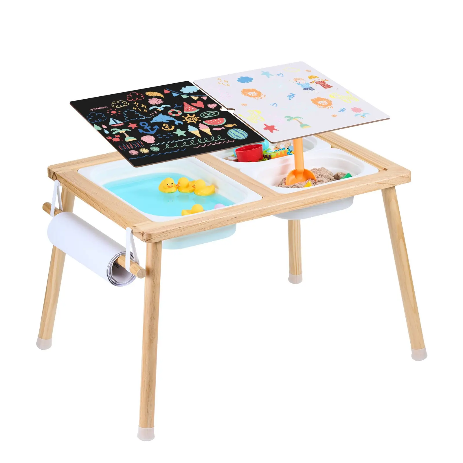 【DealsForYouDays】VEVOR Sensory Table for Toddlers, Kids Activity Table with 3 Foldable Storage Bins Paper Roll Holder, Indoor/Outdoor Play Sand and Water Table, Wooden Kids Sensory Drawing Table, Gift for Boys Girls