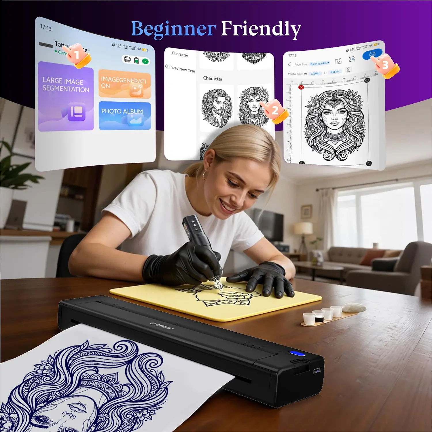 Portable Thermal Inkless Tattoo Printer, Pain-Free Tattoo Machine, Multiple Templates, DIY Creative Design, Ideal for Beginners and Enthusiasts