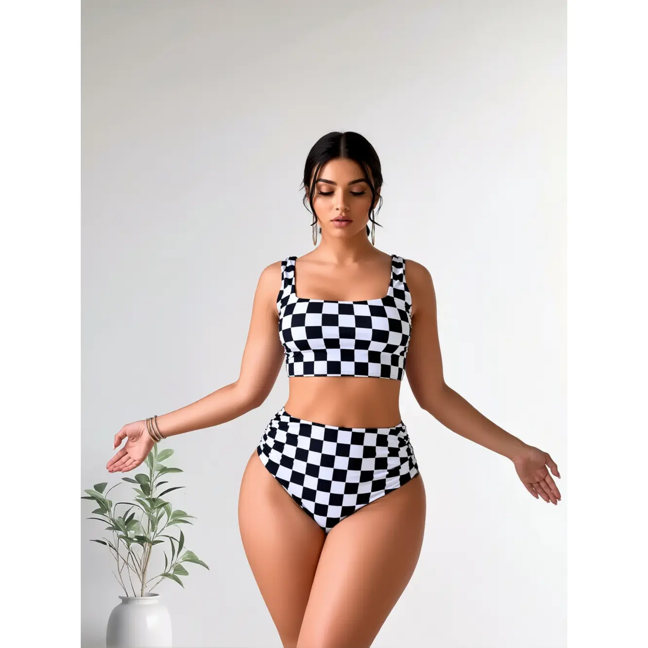 Women's High Waisted Checkerboard 2-Piece Bikini - Square Neck Cropped Top Swim Set, Bikini Beachwear, Opaque Breathable Bathing Suit for Beach Party, Opaque Fabric, Quick-Dry, Cheeky, Retro, Bikini Bottom Swimwear, Getaway Bikini Set