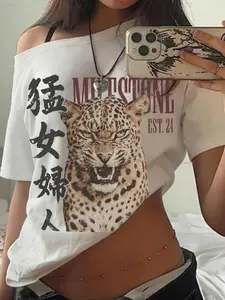 Women's Oriental Retro Wild Cat Print Off Shoulder Loose T-Shirt, Everyday Basic Fashion, cool-touch sweat-wicking cotton material, versatile pairing with cargo bottoms & leather mini skirts, great for city strolls, outdoor picnics & laid-back vintage cas