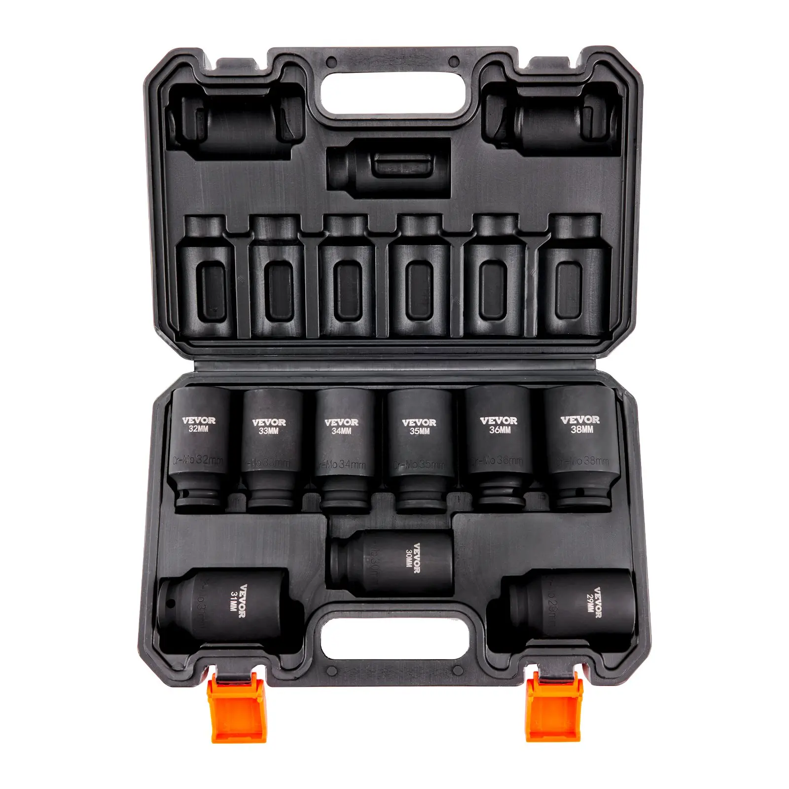 VEVOR 1/2" Drive Impact Socket Set, 9-Piece Metric Deep Sockets (29-38mm), 6-Point Cr-Mo Steel, Easy-to-Read Size Markings, Rugged Build, Storage Case Included for Auto Repair, Metric Sizes