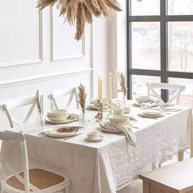 Solid Beige Pure Cotton Table Cloth, Wrinkle Resistant Reusable Cotton Tablecloth, Decorative Table Cover for Indoor Dining, Banquet, Holiday Dinner