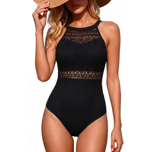 Holipick Lace Women High Neck One Piece Swimsuit Sexy Crochet Bathing Suit Tummy Control Swimwear DealsForYouDays