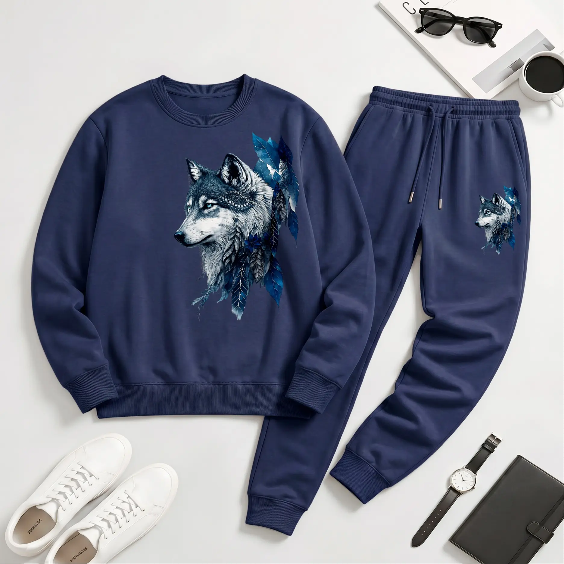 Men's Blue Wolf Graphic Crew Neck Sweatshirt & Jogger Pants Two-Piece Set, Casual Athletic Long Sleeve Pullover and Drawstring Trousers, Comfortable Fall Winter Sportswear for Everyday Wear, Gym, Travel and Lounge
