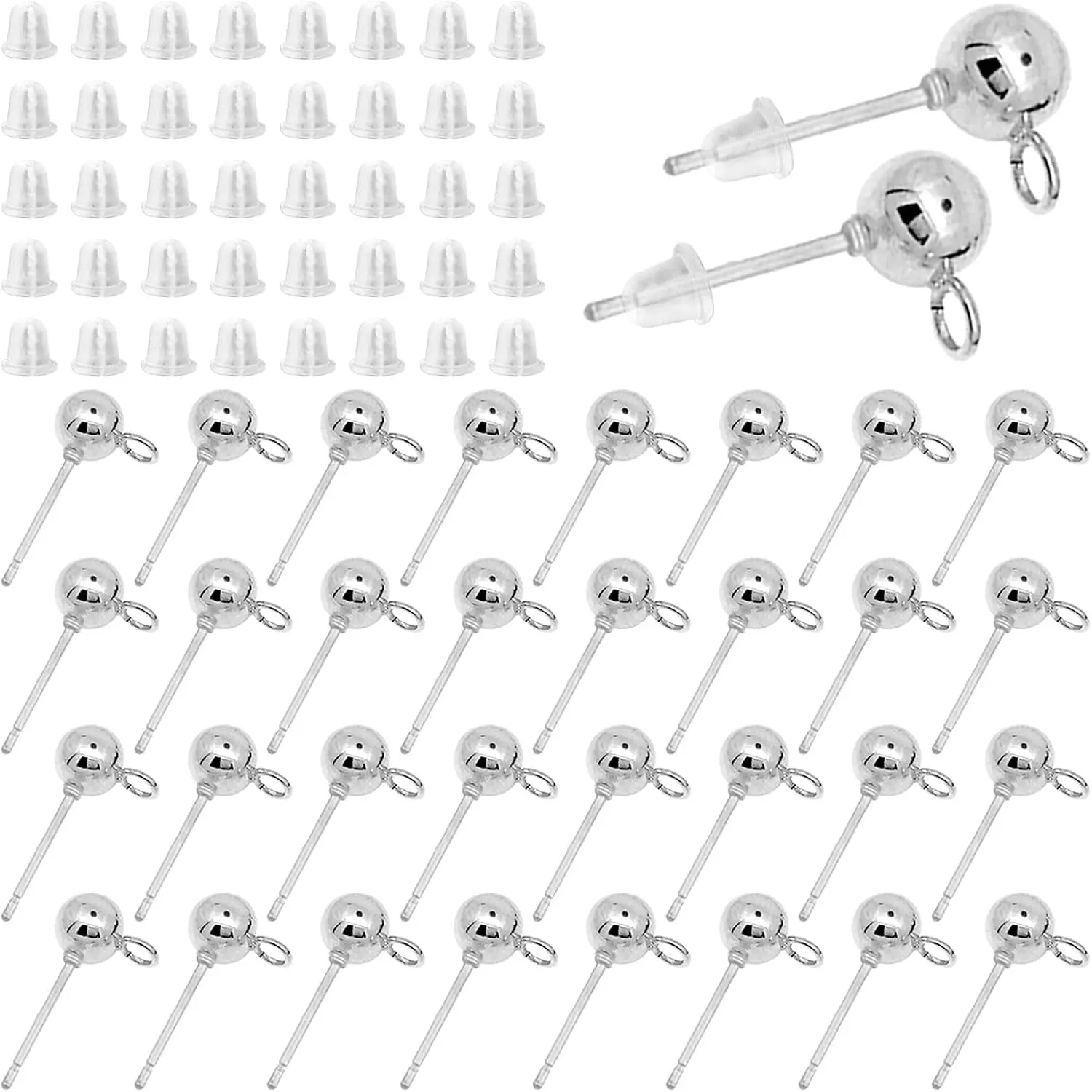 60 count Ball Studs for  Making, Ball Earring Studs with Loop Round Earring Posts and 100 count Clear Earring Backs for DIY Crafts Earring Making(White K)