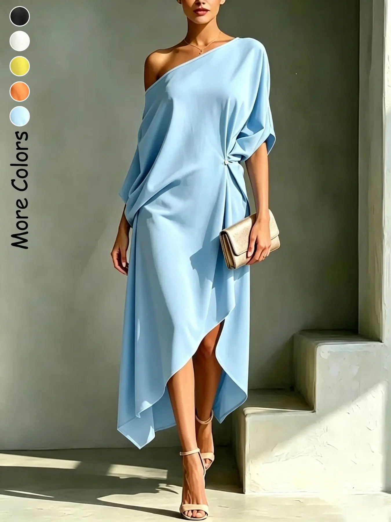 Women's Spring Fall Elegant Dress, Off-The-Shoulder Half Sleeve, Slim-Fitting Long Dress, Solid Color, Casual Street Style, Trendy and Chic