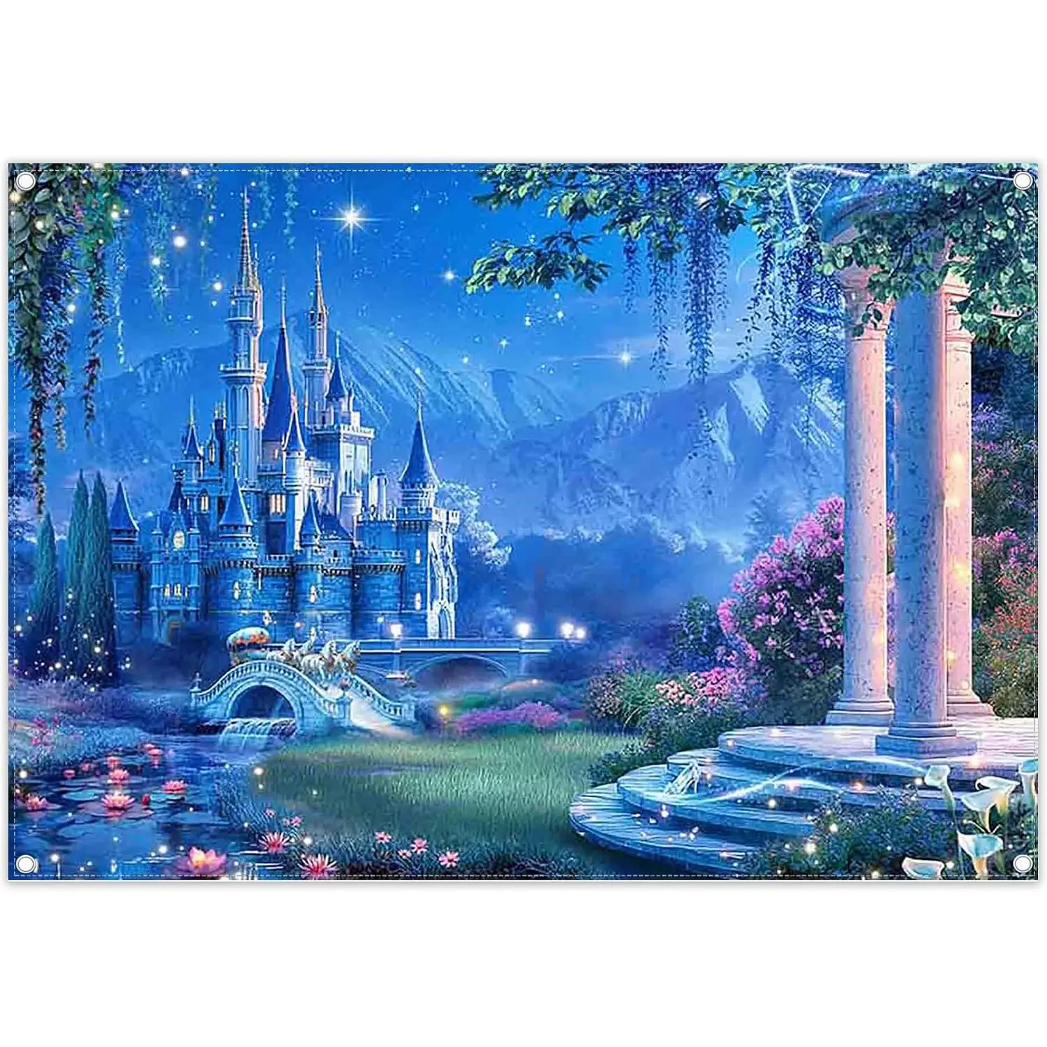 Fabric 7x5ft Blue Fairytale Castle Night Sky Backdrop | Princess Carriage Lotus Photography Background, Girls Birthday Party Decorations, Photo Banner