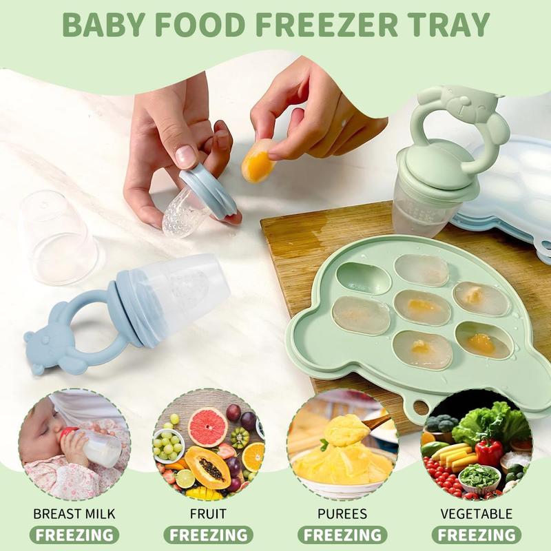 Bear Design Silicone Baby Feeding Set, 11-Piece Baby Dinnerware Set with Bowl, Spoon, Fork, Bib, Straw Cup, Snack Cup and Ice Cube Box, Cutlery Utensil Sets