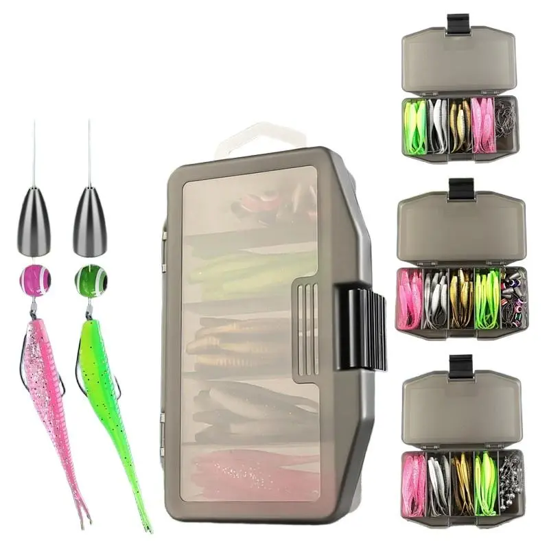66PCS Bass Fishing Lure Kit, Texas Rig Soft Baits, 4-Color Fork Tail Worms, Hooks & Bullet Weights with Tackle Box