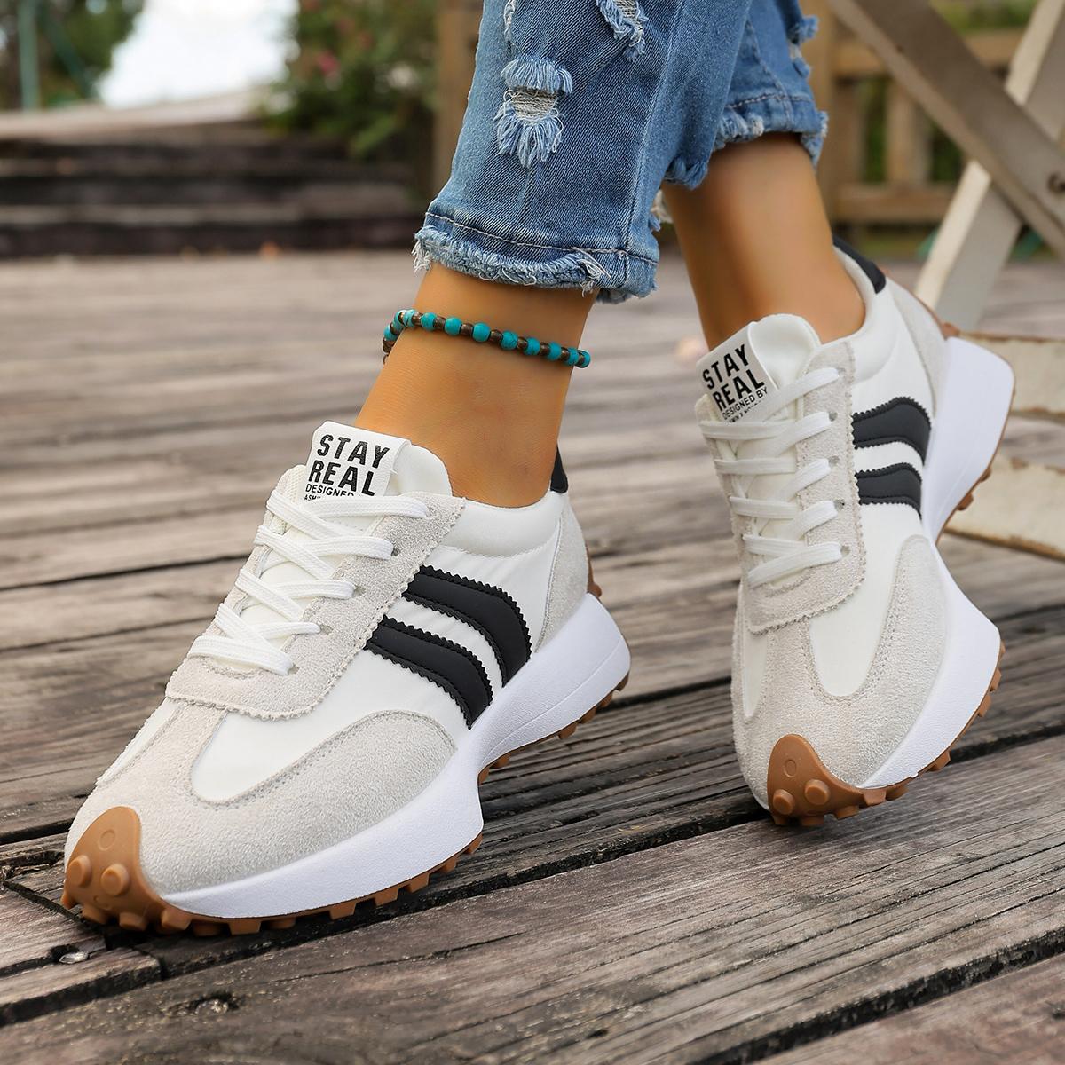 Women's Retro 70s Inspired Chunky Platform Sneakers, Suede & Nylon Upper, Striped Detail, Casual Dad Shoes for American Fashion Lovers