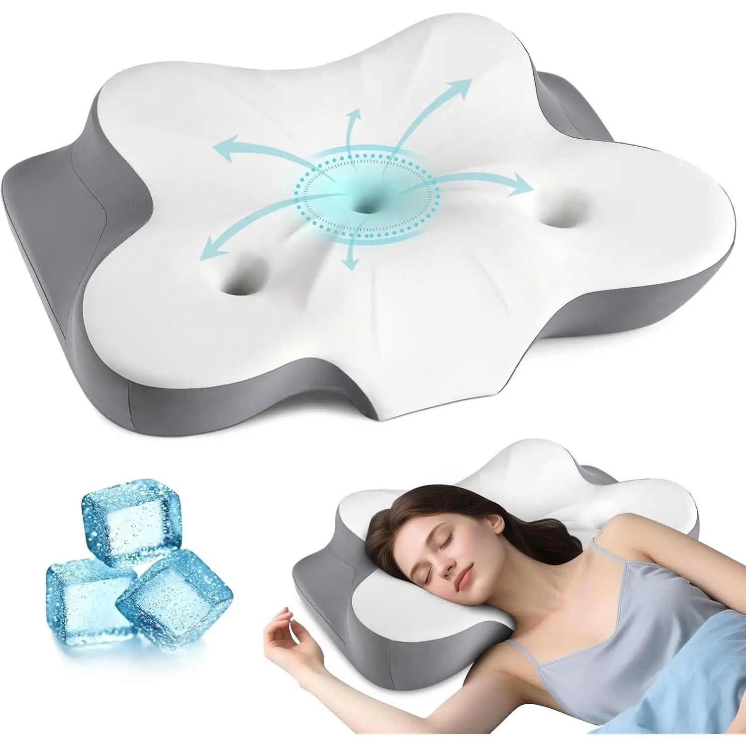 Ergonomic Memory Foam Neck Pillow for Sleeping, Dual Ear Relief Zone Contour Neck Support for Side Back & Stomach Sleeper (White)