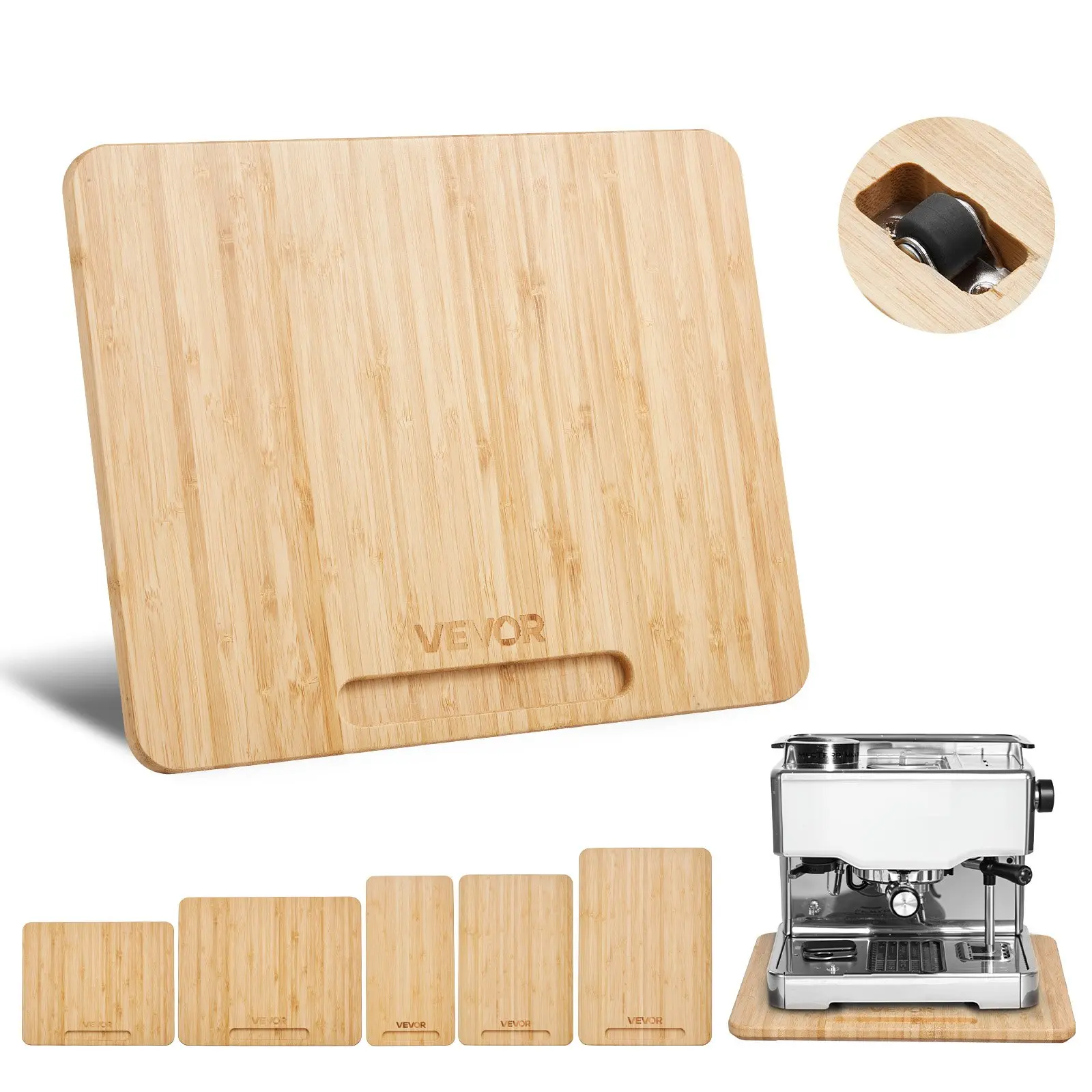 VEVOR Natural Wood Appliance Rolling Slider Tray, 10.5x13-in, with Hollow Handle, Rubber Wheels, Easy-to-Clean Design for Coffee Maker, Kitchen Countertop