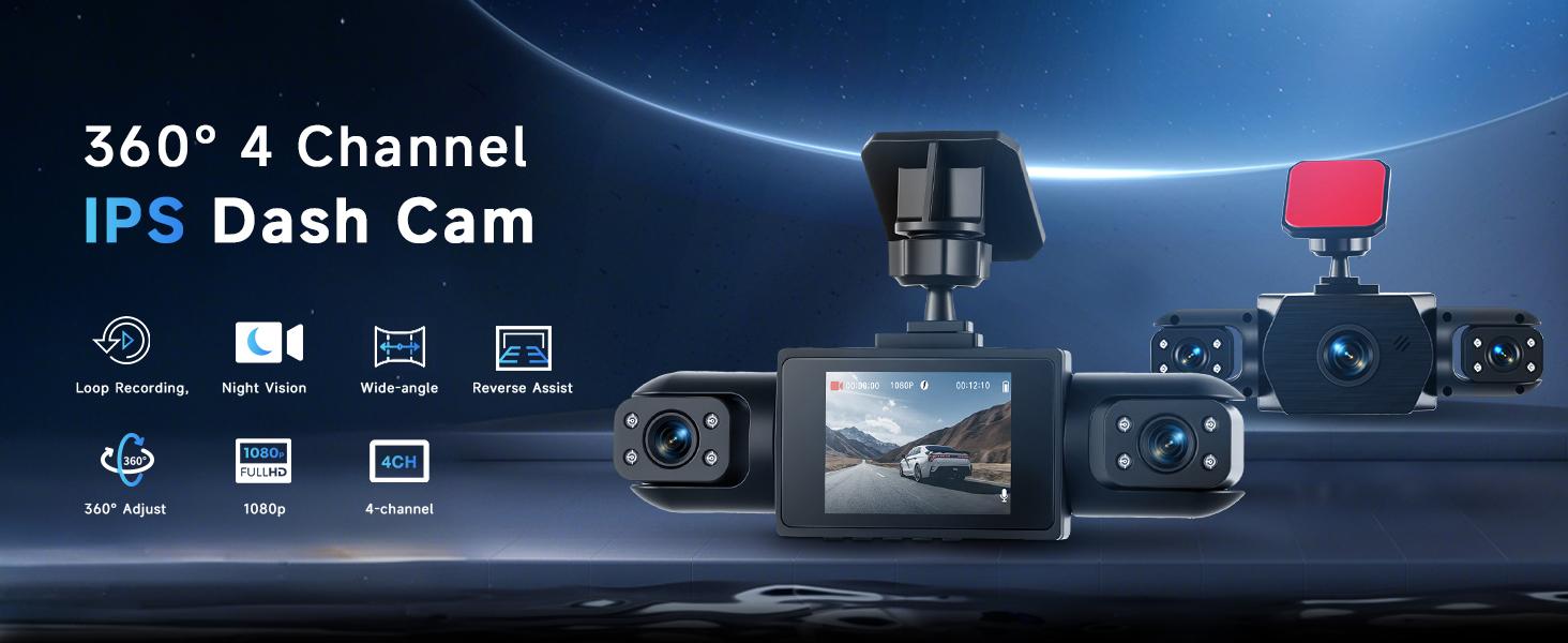4 Channel 360° Dash Cam Front and Rear Inside Left Right, Dash Camera for Cars, Built-in Night Vision, Sensitive Motion Detection 24/7 Recording Parking Mode Monitor Reversing Help,(option) 64G TF Card