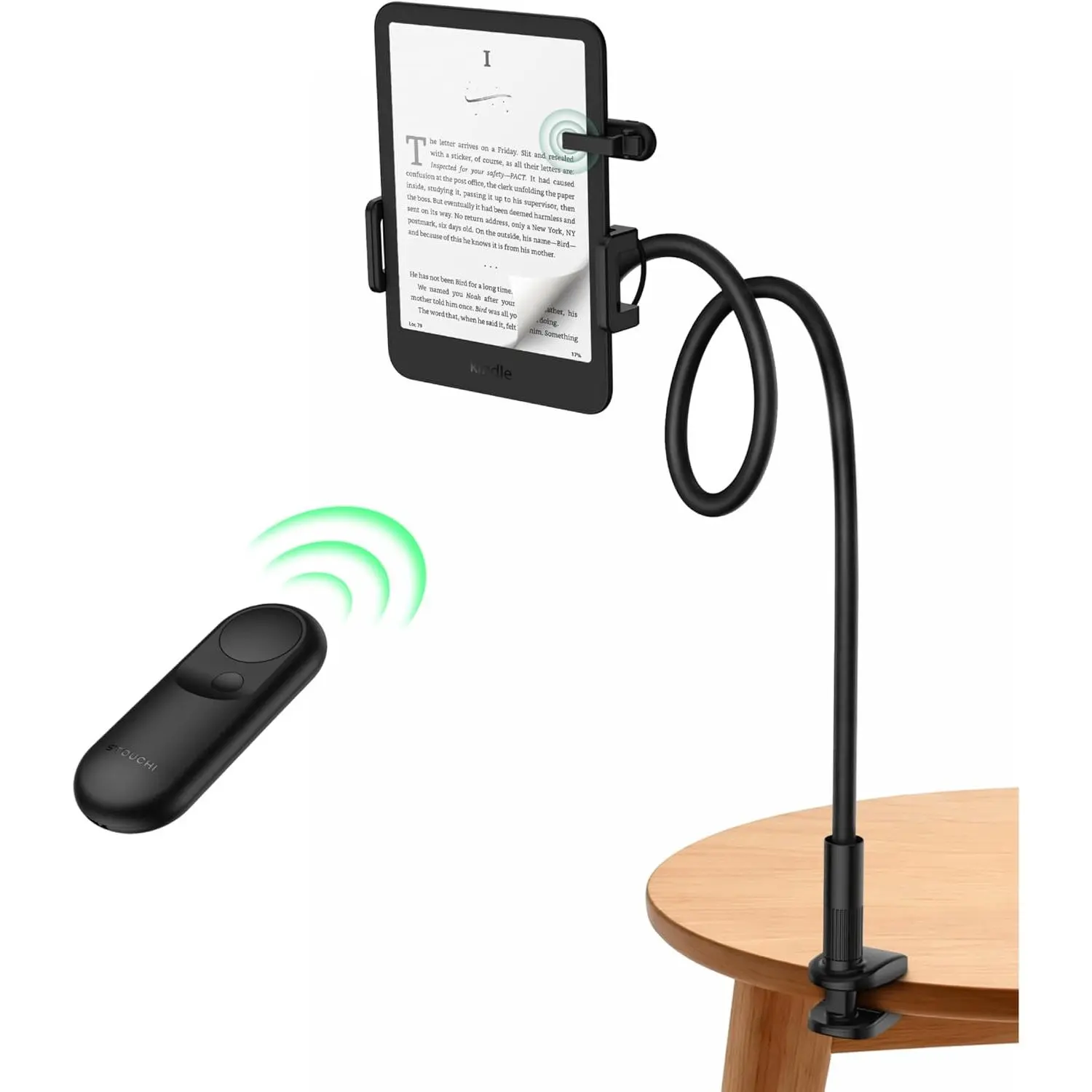 Gooseneck Kindle Holder with Remote Page Turner for Bed Reading | Upgraded 2-in-1  Remote | Shake-Free Kindle Stand | Work for Kindle Paperwhite/, E-Readers, iPad & Phones