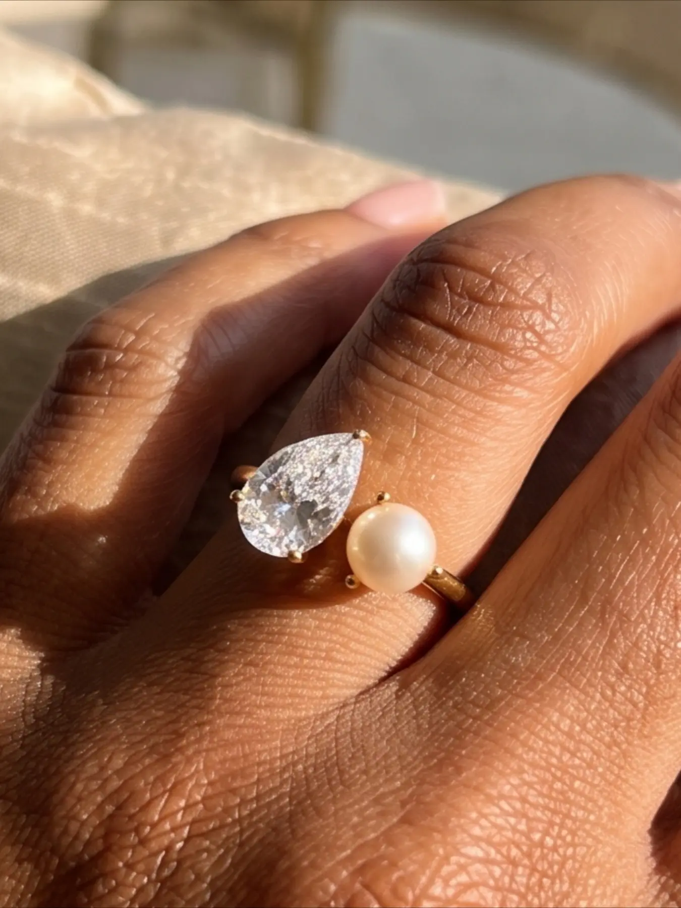 1Pc Gold‑Tone Ring with Prong‑Set Pear‑Shaped Cubic Zirconia and Round Faux Pearl Minimalist Luxury Design Suitable for Daily Dating and Dinner Wear Ideal Anniversary and Birthday Gift for Women.