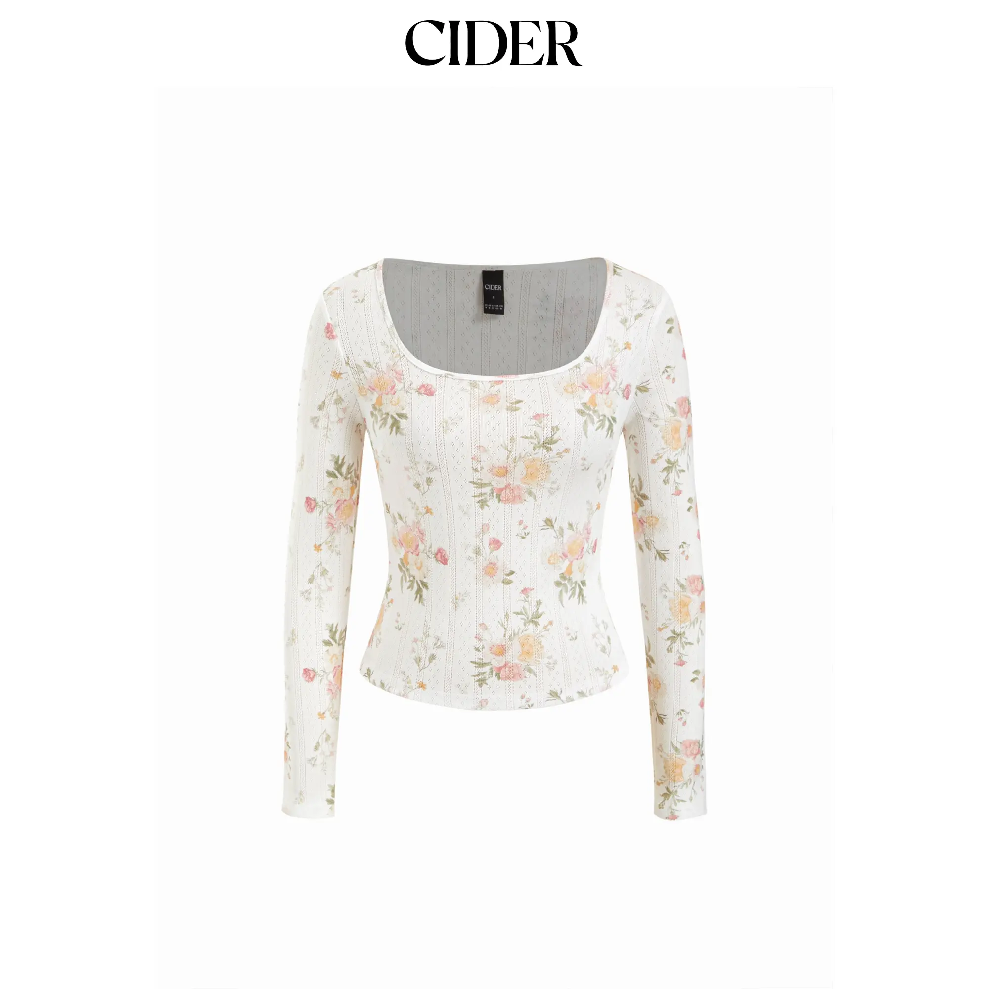Cider Pointelle Floral Scoop Neck Long Sleeve Top
